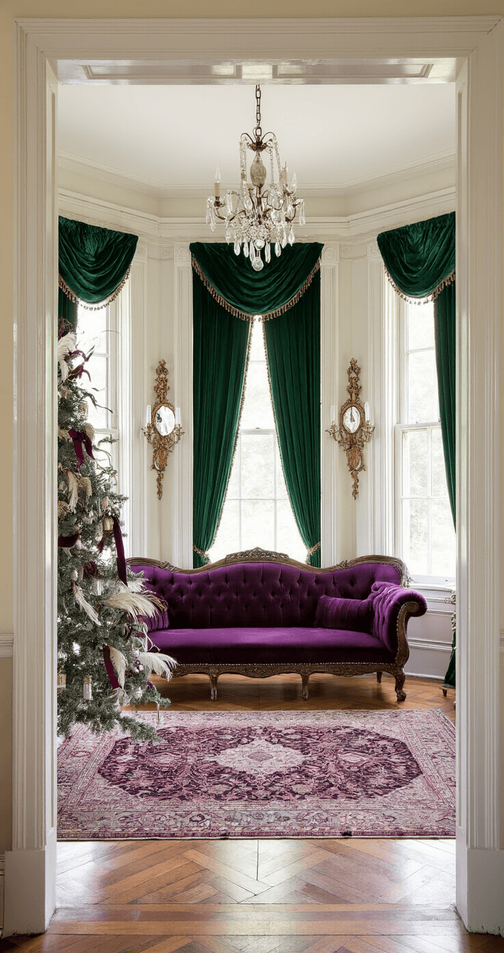 Magical Christmas Room Decor: Transform Your Space into a Festive Wonderland A Victorian-inspired parlor featuring bay windows with emerald velvet drapes, a 7.5ft Christmas tree adorned with vintage mercury glass, feathers, and burgundy ribbons, a deep purple tufted chesterfield sofa, gilt mirrors, crystal sconces, and layered vintage decor elements on parquet flooring with jewel-toned oriental rugs, captured from the doorway.