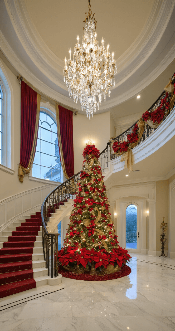 Crafting a Timeless Red and Gold Christmas Tree: Your Ultimate Styling Guide A stunning double-height entry foyer featuring a curved staircase and marble floors, illuminated by a crystal chandelier. A 12-foot holiday tree, adorned with a deep cardinal red and champagne gold theme, oversized ornaments, and faux red poinsettias, stands majestically. The perspective is from the second-floor landing, capturing the grandeur of the space in evening lighting.