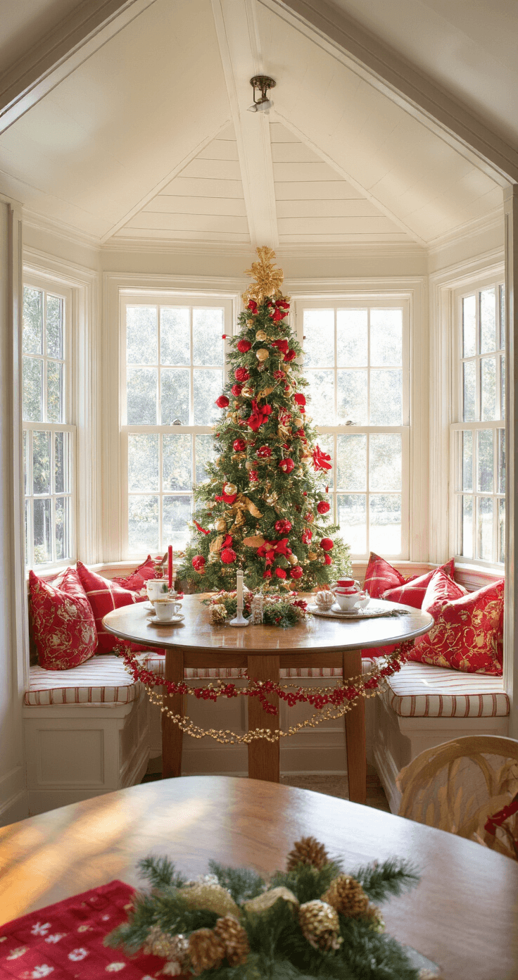 Crafting a Timeless Red and Gold Christmas Tree: Your Ultimate Styling Guide Cozy breakfast nook featuring a bay window with window seats, decorated 6-foot pencil tree in whimsical red and gold, morning light illuminating the space, viewed from dining table height to emphasize cheerful atmosphere.