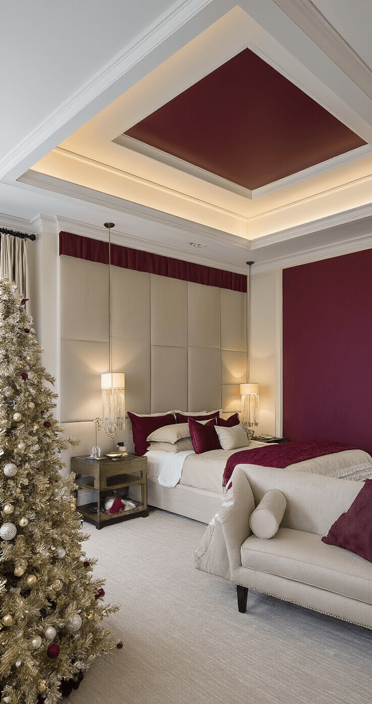 Crafting a Timeless Red and Gold Christmas Tree: Your Ultimate Styling Guide Elegant master bedroom featuring a trey ceiling and upholstered wall panels, accented with wine red and soft gold metallics. A 7.5-foot pencil tree in the corner complements the sitting area. Luxurious silk ribbon drops and crystal details enhance the ambiance, illuminated by bedside lamps and indirect ceiling lighting for a moody evening effect. View captured from the bedroom entry to showcase the spacious layout.