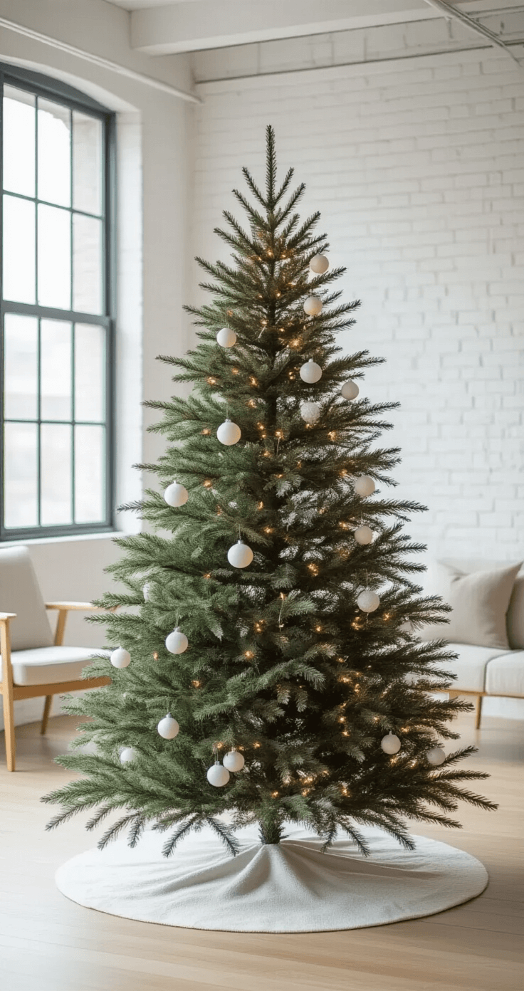 Creative Christmas Tree Ideas for 2025: Unleash Your Festive Imagination Minimalist Nordic tree in a modern loft with white brick walls, adorned with matte white and clear glass ornaments, warm white lights, and a textured white tree skirt, surrounded by blonde wood floors and Scandinavian furniture, under natural midday light from industrial windows.