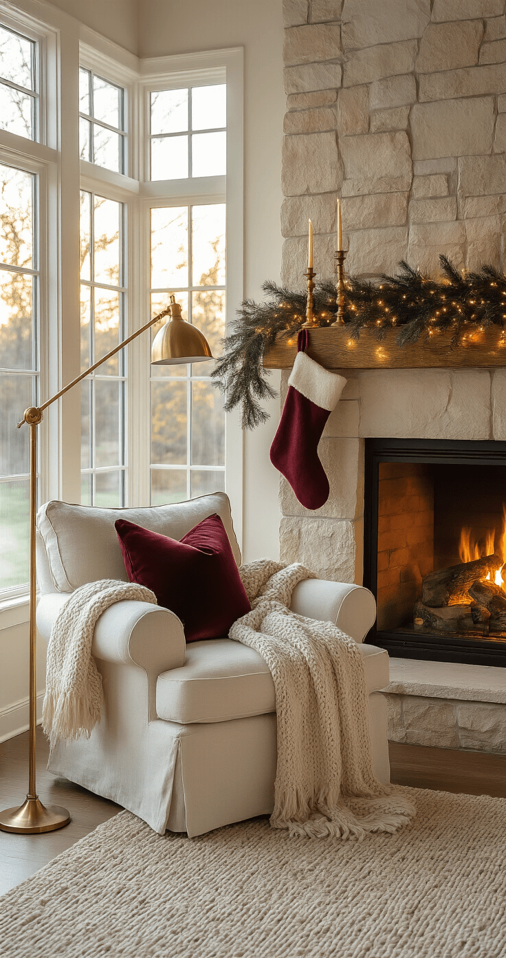 Creating a Cozy Christmas Decor: Your Ultimate Guide to Warm Holiday Styling A cozy living room nook featuring a limestone fireplace adorned with stockings and garland, illuminated by golden hour light through floor-to-ceiling windows. An oversized cream linen armchair draped with a chunky knit throw and burgundy velvet pillows invites relaxation. A brass floor lamp and vintage candlesticks add warmth, while natural pine garland with tiny LED lights enhances the intimate atmosphere. The scene captures dreamy depth with a moody, amber-toned ambiance.