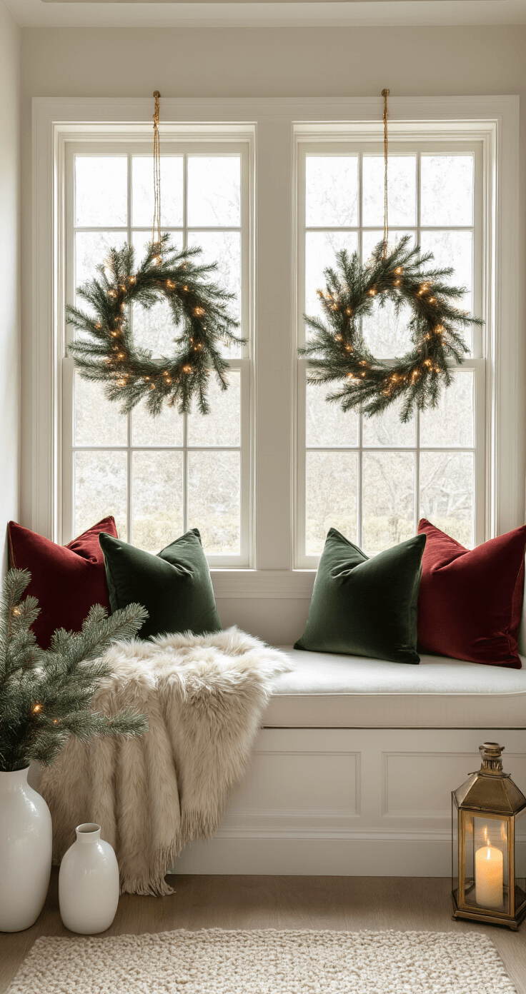 Creating a Cozy Christmas Decor: Your Ultimate Guide to Warm Holiday Styling A cozy window alcove filled with morning light, featuring a built-in bench adorned with ivory cushions and a mix of forest green, crimson, and gold pillows, draped with a taupe faux fur throw. Frosted window panes are lined with delicate fairy lights, and brass lanterns with flickering LED candles sit beside the seat. White ceramic vases hold fresh pine branches, creating a bright and airy atmosphere with soft shadows.