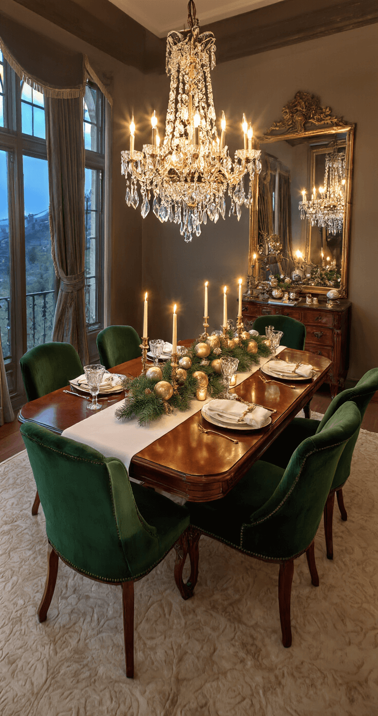 Creating a Cozy Christmas Decor: Your Ultimate Guide to Warm Holiday Styling Elegant formal dining room at dusk featuring a mahogany table with white linen runner, adorned with pine garland and mercury glass ornaments, surrounded by velvet-upholstered chairs. A dimmed crystal chandelier illuminates the space, while warm candlelight reflects in an antique mirror.