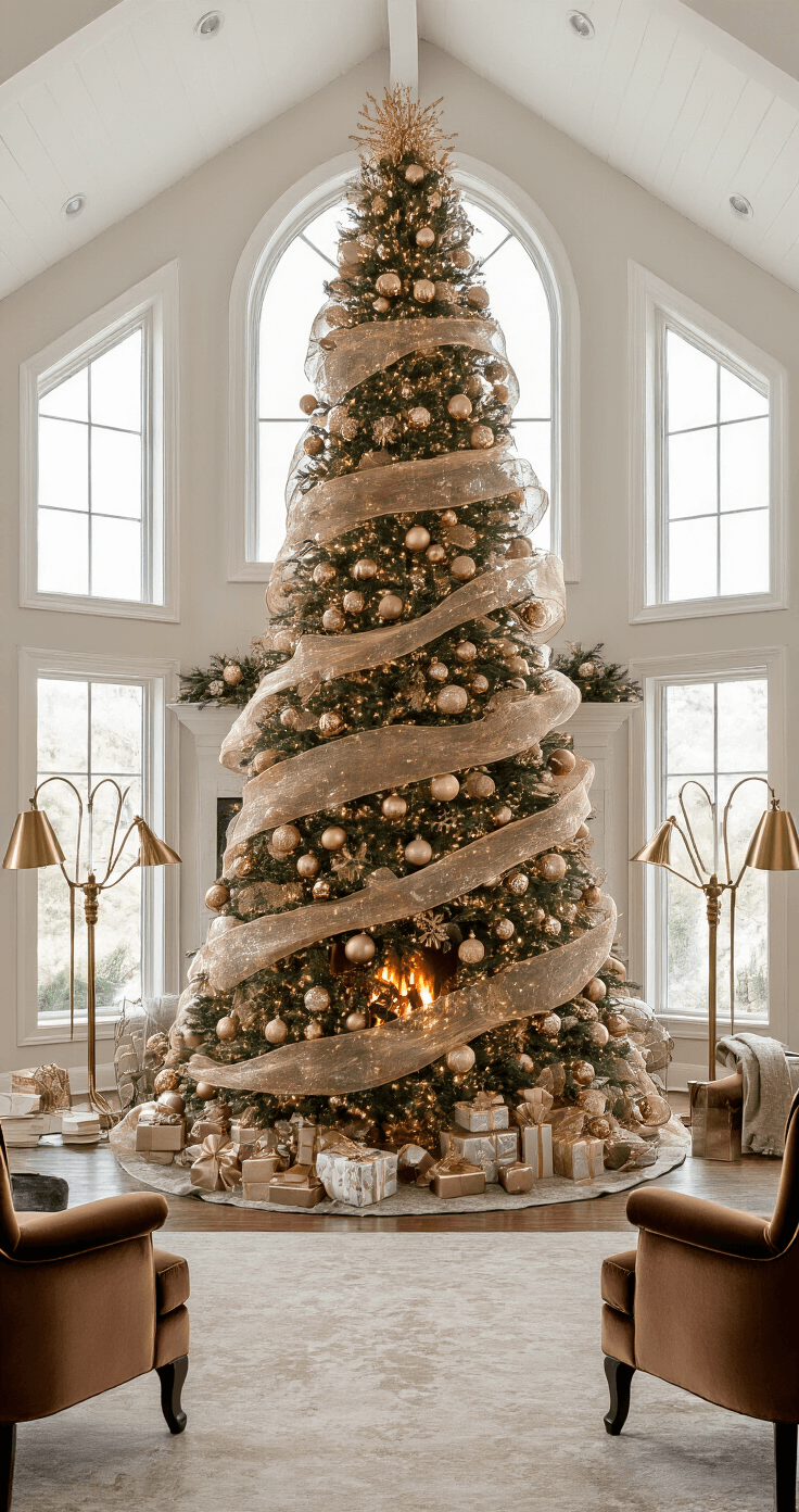 Creative Christmas Tree Ideas for 2025: Unleash Your Festive Imagination A majestic 10-foot noble fir centered in a grand two-story great room, illuminated by warm golden hour light and vintage brass floor lamps, adorned with layered metallic ornaments in rose gold, champagne, and platinum, while spiral metallic mesh garlands accentuate the tree. Bronze velvet armchairs flank the tree, viewed from a mezzanine above, capturing a rich and opulent ambiance.