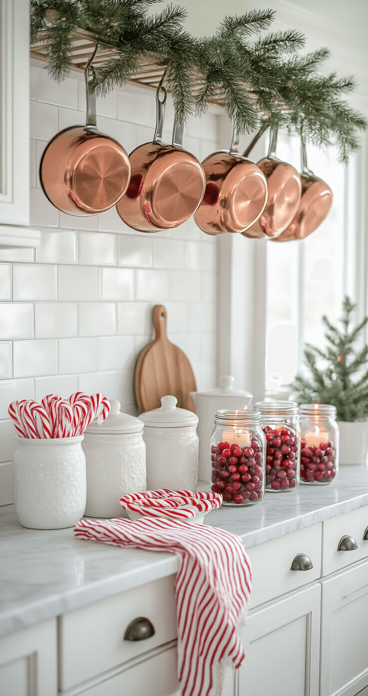 Creating a Cozy Christmas Decor: Your Ultimate Guide to Warm Holiday Styling A bright and cheerful kitchen decorated for the holidays, featuring white marble counters, copper pots with pine sprigs overhead, candy canes in white ceramic canisters, red and white striped tea towels, and mason jars with cranberries and candles, all captured from counter height.
