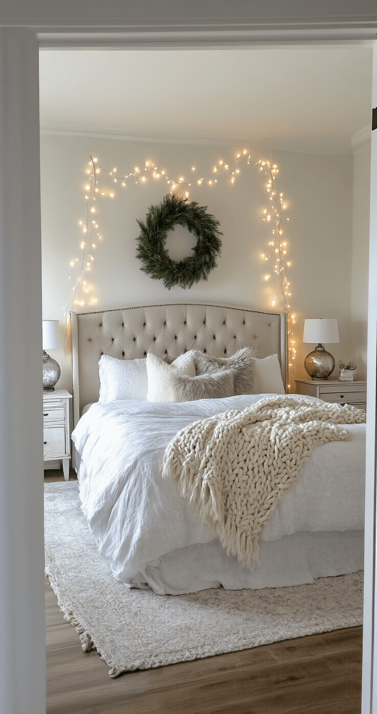 Creating a Cozy Christmas Decor: Your Ultimate Guide to Warm Holiday Styling A cozy 14x16ft master bedroom at twilight features a king bed adorned with white linens, cream and silver cable knit throws, and plush velvet and faux fur pillows. Delicate string lights are draped over a soft upholstered headboard, complemented by mercury glass bedside lamps. A fresh pine wreath hangs above the bed, creating a serene ambiance, as viewed from the doorway.