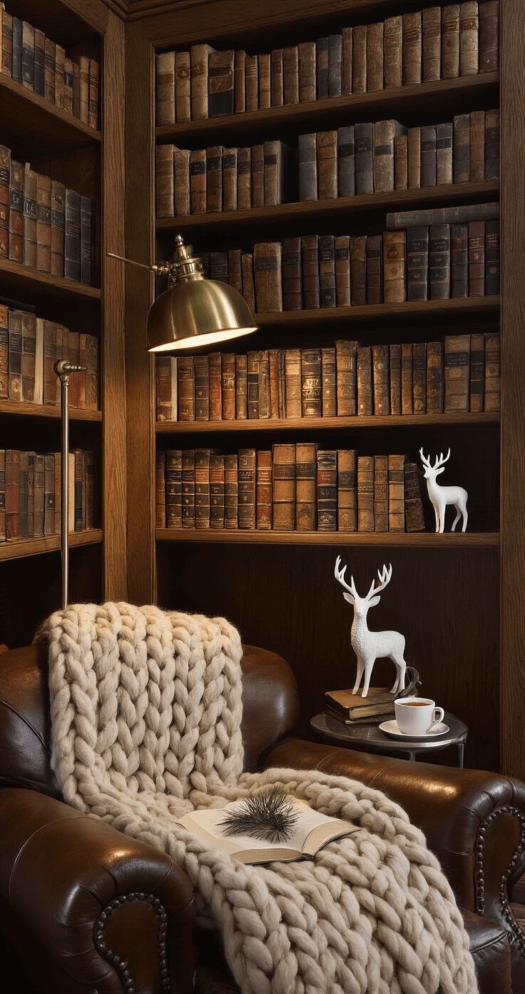 Creating a Cozy Christmas Decor: Your Ultimate Guide to Warm Holiday Styling A cozy reading corner featuring a vintage leather armchair, illuminated by a brass pharmacy lamp, with a chunky wool throw and a steaming cup of cocoa on a small side table. A stack of vintage books with a pine sprig bookmark sits nearby, alongside a white ceramic deer figurine, all captured in an intimate close-up that highlights the textures and quiet, contemplative mood.