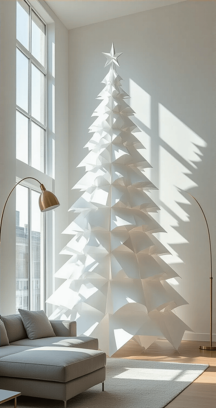 DIY Christmas Tree: Your Ultimate Guide to Festive Home Decor on a Budget A sunlit minimalist living room featuring a large geometric paper Christmas tree installation made of layered white and silver paper, set against a white wall. Morning light streams through floor-to-ceiling windows, casting shadows, with a modern gray sectional to the left and a brass floor lamp overhead. The image emphasizes the delicate layers of the tree through a shallow depth of field.