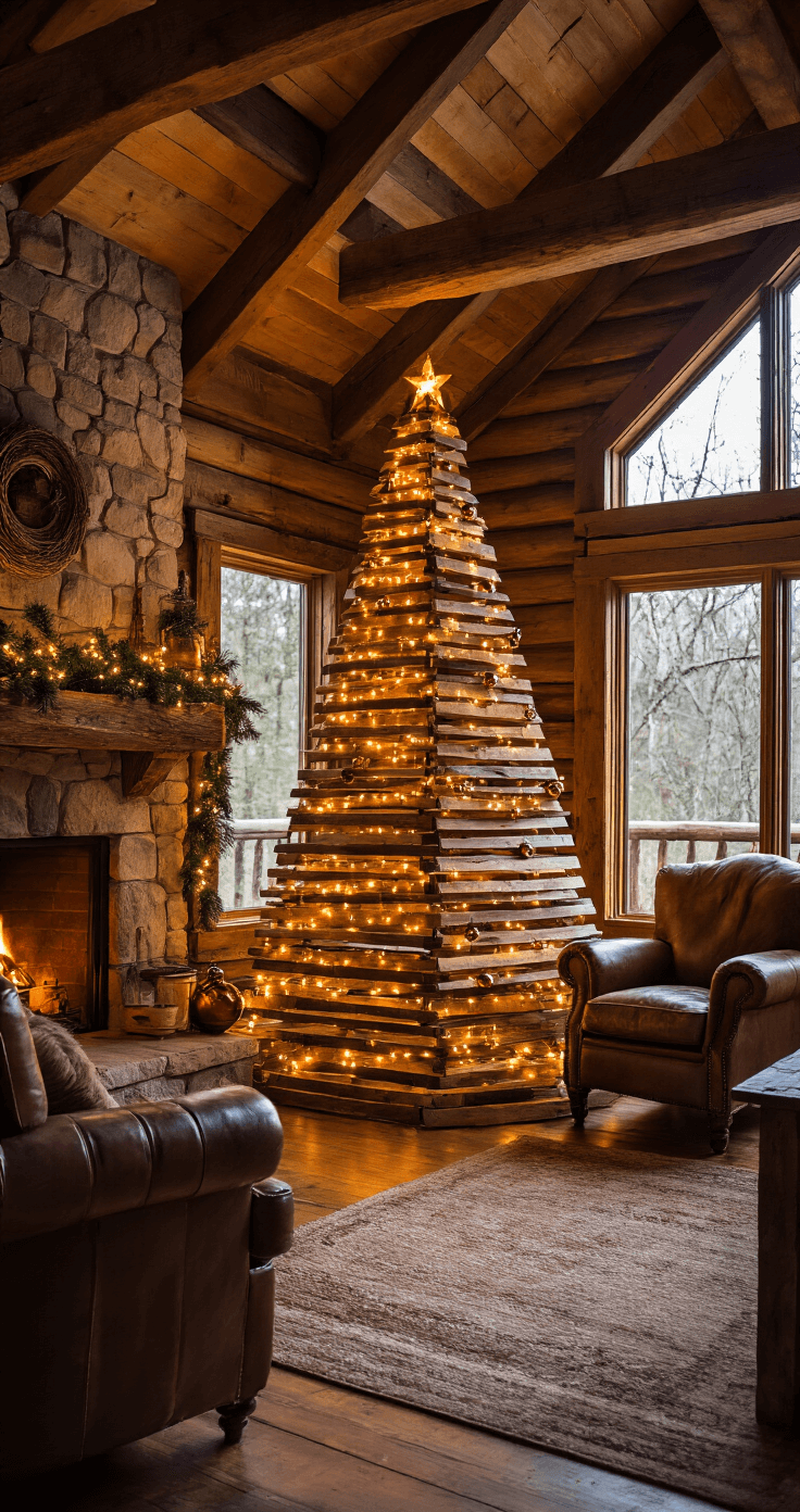 DIY Christmas Tree: Your Ultimate Guide to Festive Home Decor on a Budget A cozy rustic cabin interior at golden hour featuring a handcrafted wooden Christmas tree made from barn wood planks, positioned between a stone fireplace and a leather armchair. Warm LED string lights illuminate the scene, while pine garland and vintage copper ornaments add charm. The low-angle shot captures the tree's full height against rough-hewn ceiling beams, showcasing rich earth tones, aged woods, and burnished metals.
