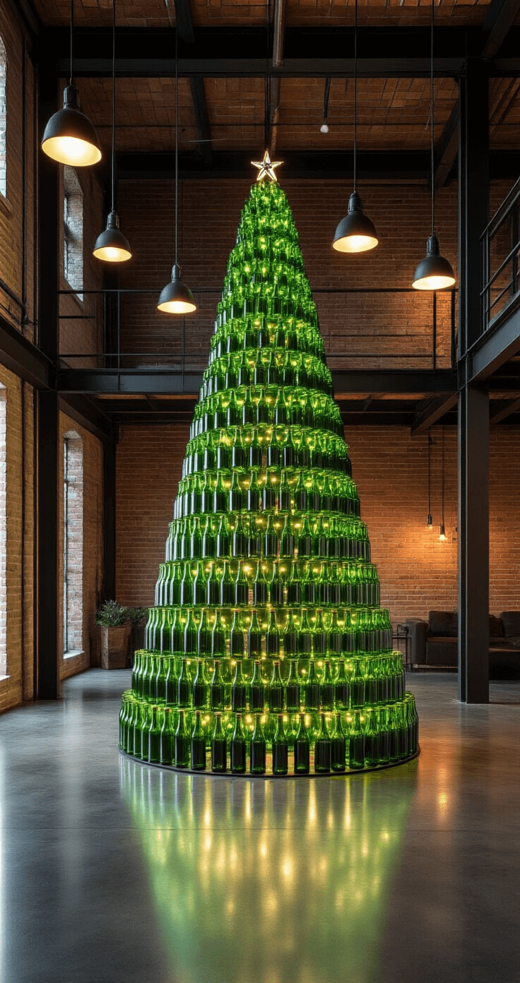 DIY Christmas Tree: Your Ultimate Guide to Festive Home Decor on a Budget Contemporary urban loft at dusk featuring a dramatic 8ft Christmas tree made from upcycled wine bottles, with tiny LEDs illuminating the greens. The scene includes industrial concrete floors, exposed brick walls, and black steel beams, with modern pendant lights at varying heights, all reflected in the polished concrete floor. Moody lighting enhances the geometry of the bottles and emerald highlights.