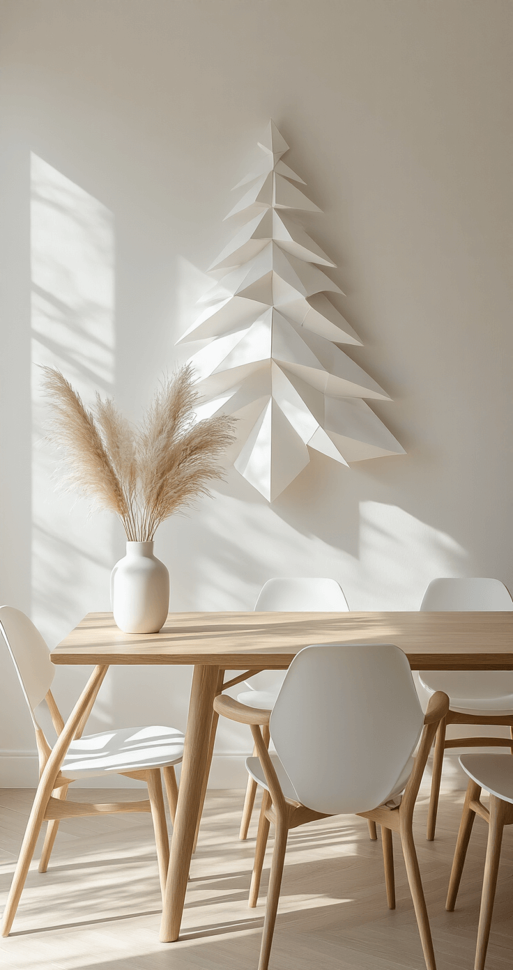 DIY Christmas Tree: Your Ultimate Guide to Festive Home Decor on a Budget A Scandinavian-inspired dining room featuring a minimalist paper Christmas tree wall installation, a clean-lined oak dining table with ghost chairs, and a white ceramic vase with dried pampas grass, all illuminated by soft morning light, casting shadows on textured white walls.