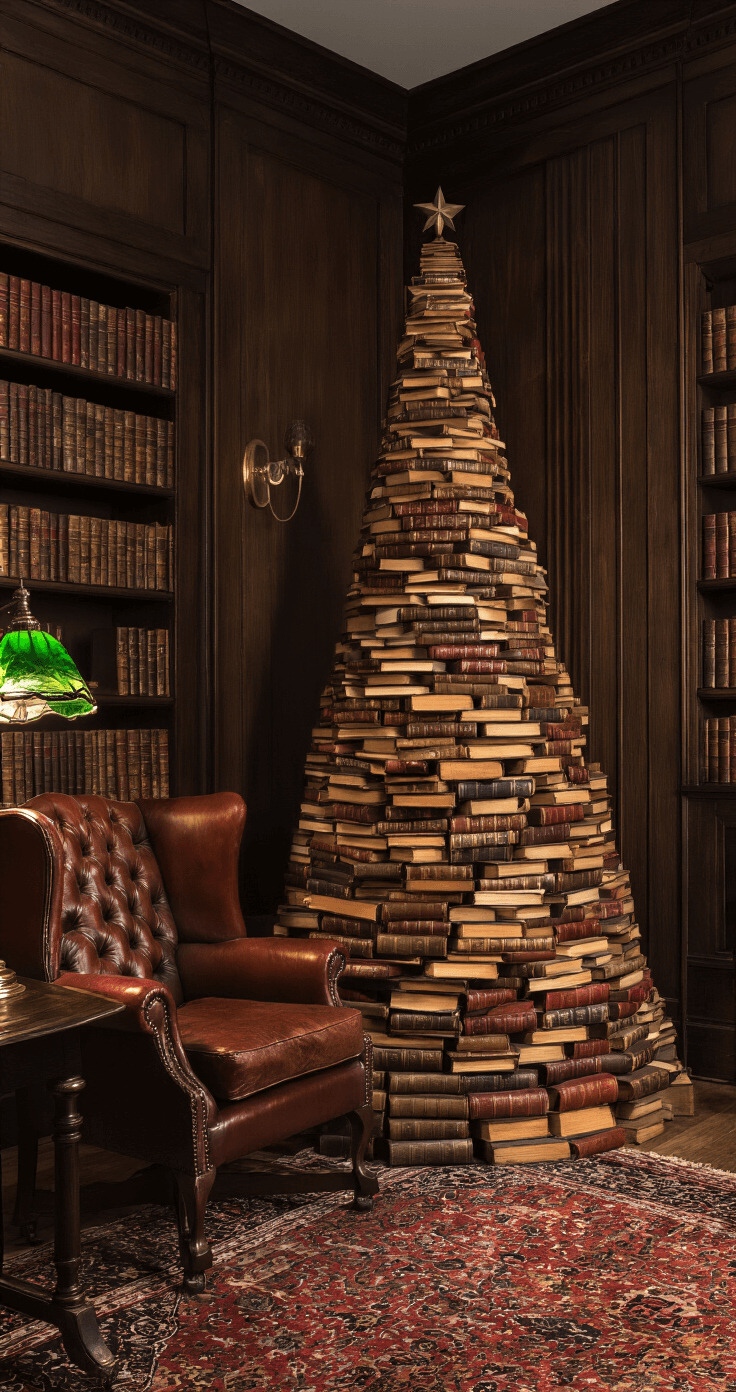 DIY Christmas Tree: Your Ultimate Guide to Festive Home Decor on a Budget A vintage-style study at twilight featuring a 6ft Christmas tree made of antique books in a spiral formation, complemented by a leather wingback chair, brass reading lamp, and an oriental rug. The dark wood paneled walls and green glass desk lamp create a rich ambiance, with a warm spotlight illuminating the book spines, all adorned in deep library colors of burgundy, forest green, and aged leather browns.