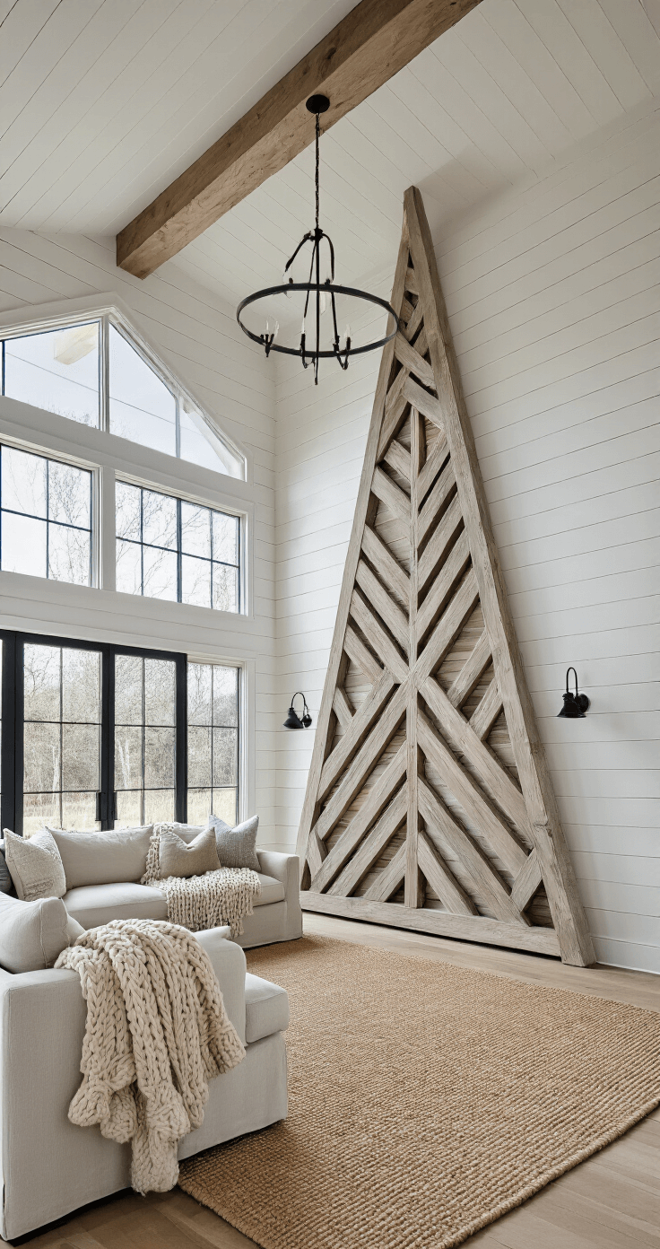 DIY Christmas Tree: Your Ultimate Guide to Festive Home Decor on a Budget A modern farmhouse great room featuring a 22x18ft space filled with afternoon light, showcasing a 9ft tall architectural Christmas tree made from whitewashed reclaimed planks, shiplap walls, black steel windows, a sisal rug, and a Belgian linen sofa adorned with chunky knit throws, all under a vaulted ceiling with an organic neutral palette accented by black.