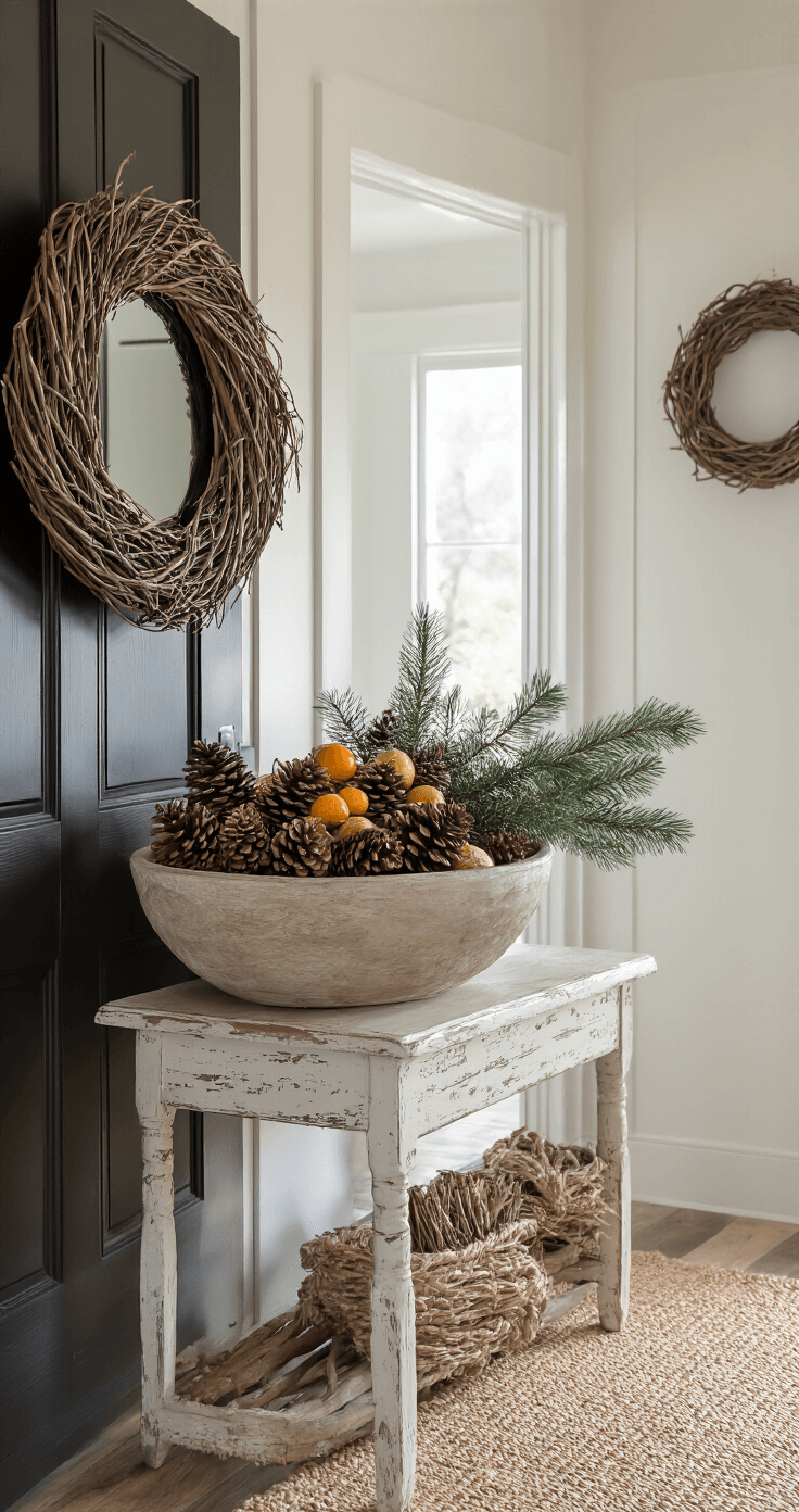 Natural Christmas Decor: A Rustic, Eco-Friendly Holiday Styling Guide Cozy entryway featuring a distressed white console table with a weathered dough bowl filled with pinecones, dried citrus, and cedar sprigs, alongside an oversized round mirror reflecting natural light, a sisal runner on the floor, and a handcrafted twig wreath on a dark wood door.