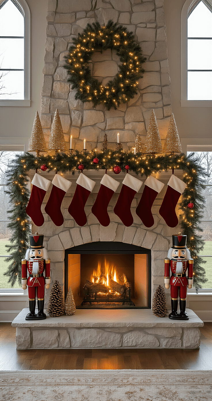 Magical Christmas Mantle Decor: Transform Your Fireplace into a Festive Wonderland A grand living room with cathedral ceilings, featuring a majestic stone fireplace decorated for Christmas, including a thick pine garland, classic nutcrackers, and red velvet stockings, all illuminated by warm afternoon sunlight.