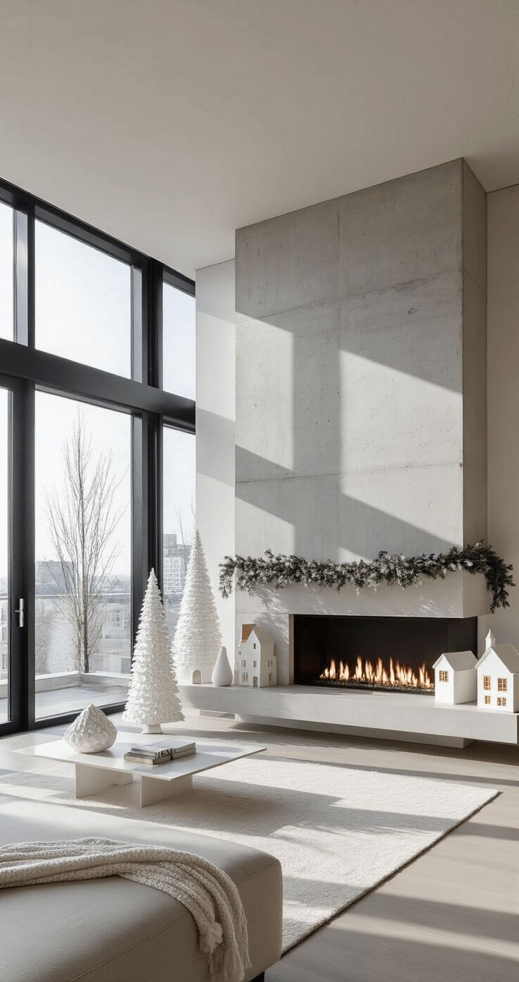 Magical Christmas Mantle Decor: Transform Your Fireplace into a Festive Wonderland Modern minimalist penthouse living room featuring floor-to-ceiling windows, a floating concrete fireplace, and a monochromatic winter white decor. Geometric metallic trees and white ceramic houses with gold details form a sculptural centerpiece, complemented by a faux eucalyptus garland. Early morning light casts shadows over the sleek mantle.