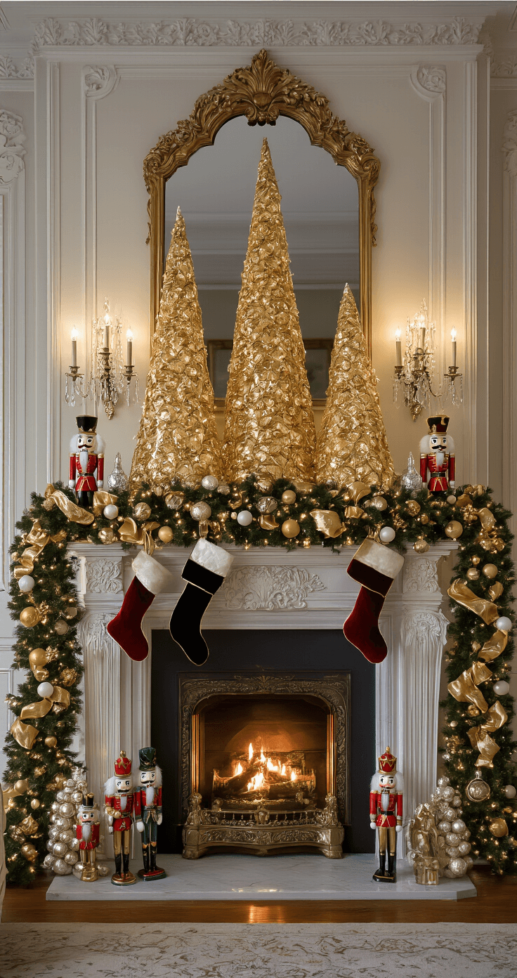 Magical Christmas Mantle Decor: Transform Your Fireplace into a Festive Wonderland An elegant Victorian parlor at dusk featuring ornate moldings, a marble fireplace, and a maximalist holiday mantle with a velvet and gold ribbon garland, vintage glass ornaments, gold mercury glass trees, hand-painted Nutcrackers, and crystal-encrusted stockings illuminated by crystal sconces, captured from a slight elevated angle.