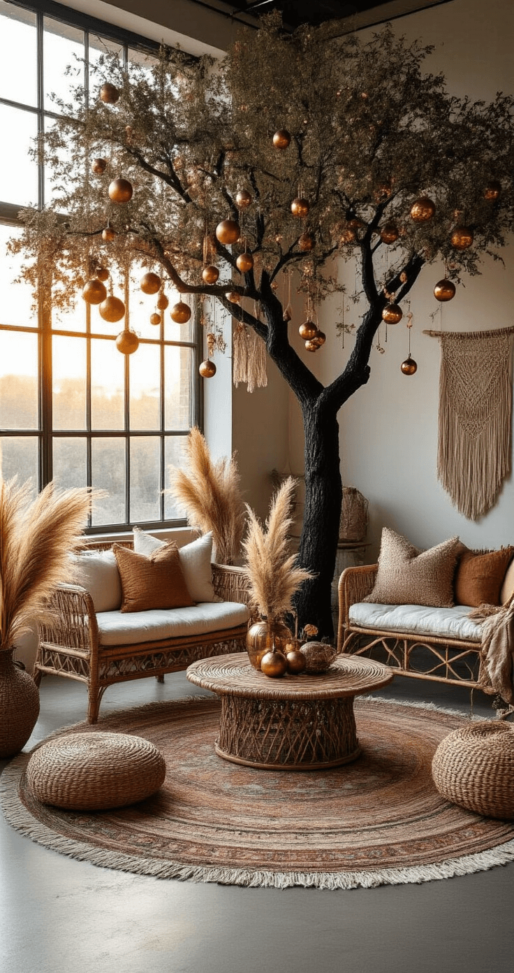 Black Christmas Trees: The Ultimate Bold & Unconventional Holiday Decor Statement A bohemian studio space at sunset featuring a 6-foot black tree with copper and bronze ornaments, dried pampas grass, layered vintage rugs, rattan furniture, and macramé wall hangings, all illuminated by warm side lighting that highlights organic materials and earthy tones.