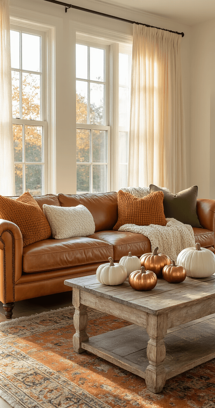Cozy Fall Decor: Transform Your Home with Autumn's Warmth and Charm A sunlit living room featuring a bay window with sheer cream curtains, a cognac leather sofa with chunky knit throws in burnt orange and olive green, a distressed wood coffee table decorated with copper and white ceramic pumpkins, and a muted fall-toned Persian rug, all bathed in warm natural light for a nostalgic ambiance.