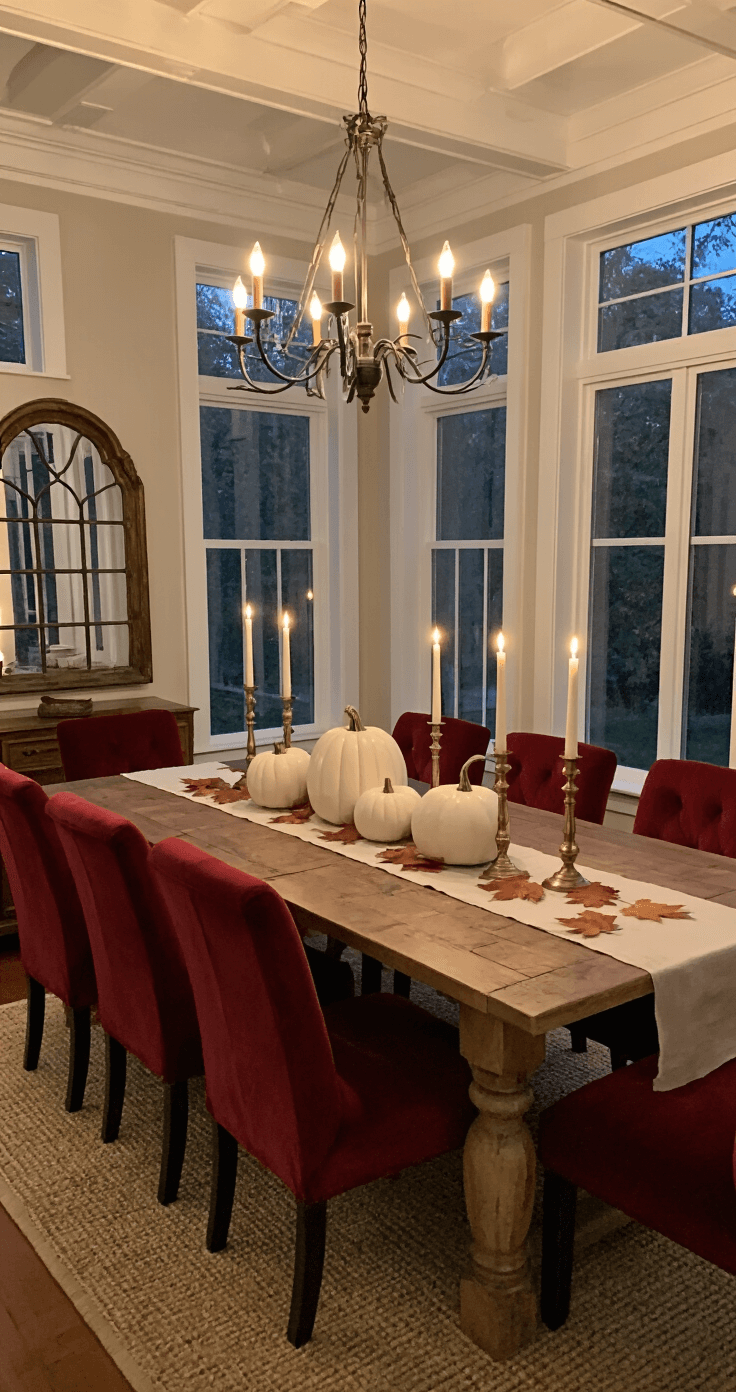 Cozy Fall Decor: Transform Your Home with Autumn's Warmth and Charm Intimate dining room at dusk featuring a rustic harvest table with white ceramic pumpkins and brass candlesticks, surrounded by deep red velvet chairs and illuminated by an iron chandelier, with a coffered ceiling and an antique mirror reflecting candlelight.