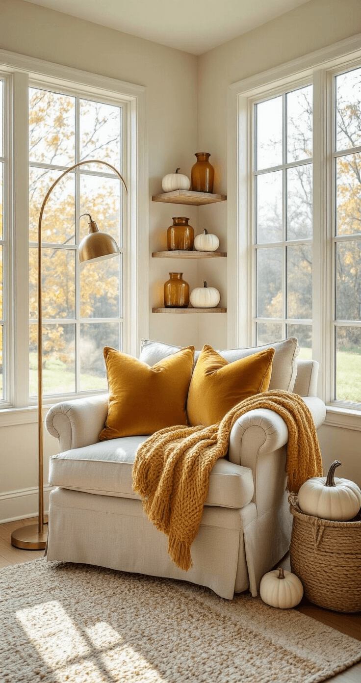Cozy Fall Decor: Transform Your Home with Autumn's Warmth and Charm Cozy reading nook bathed in soft morning light, featuring a spacious oatmeal linen armchair with mustard yellow pillows and a spiced pumpkin throw, a brass floor lamp, and floating shelves adorned with amber glass vessels and white pumpkins.