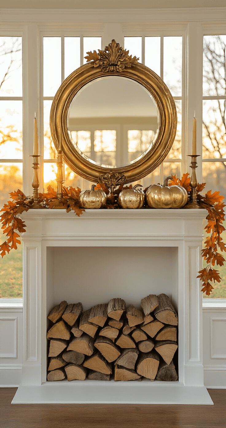 Cozy Fall Decor: Transform Your Home with Autumn's Warmth and Charm A beautifully styled mantel at sunset, featuring brass candlesticks, mercury glass pumpkins, and a trailing oak leaf garland, with a vintage gold mirror above reflecting warm light, and stacked firewood in built-in storage below, all illuminated by the golden hour glow.