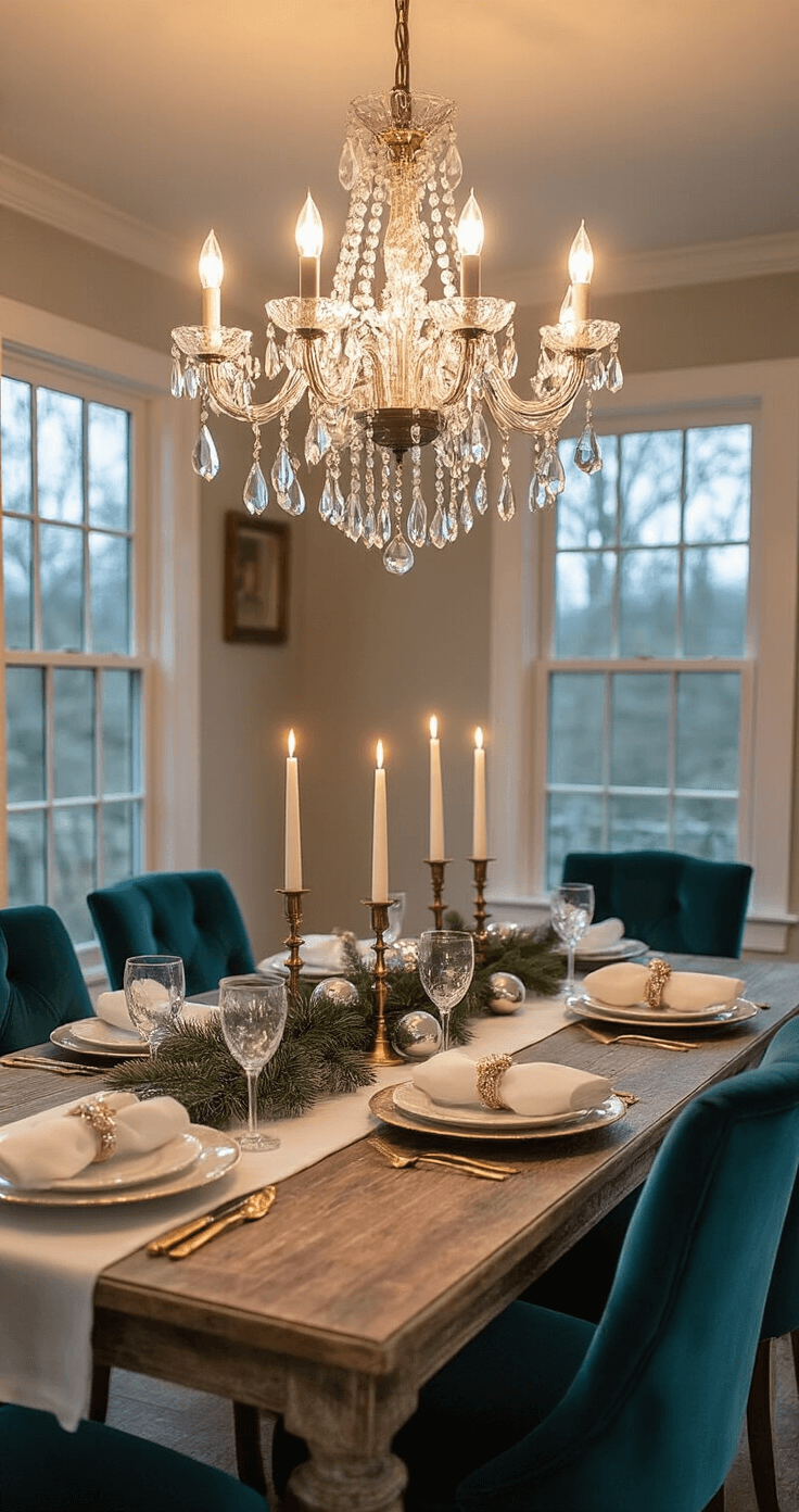 Christmas 2025 Decor: Old World Charm Meets Modern Elegance An intimate dining room featuring a vintage crystal chandelier, a weathered oak table with ivory linens, graduated brass candlesticks, frosted pine garland, and mercury glass ornaments, framed by teal velvet dining chairs, captured at dusk with a warm, moody atmosphere.