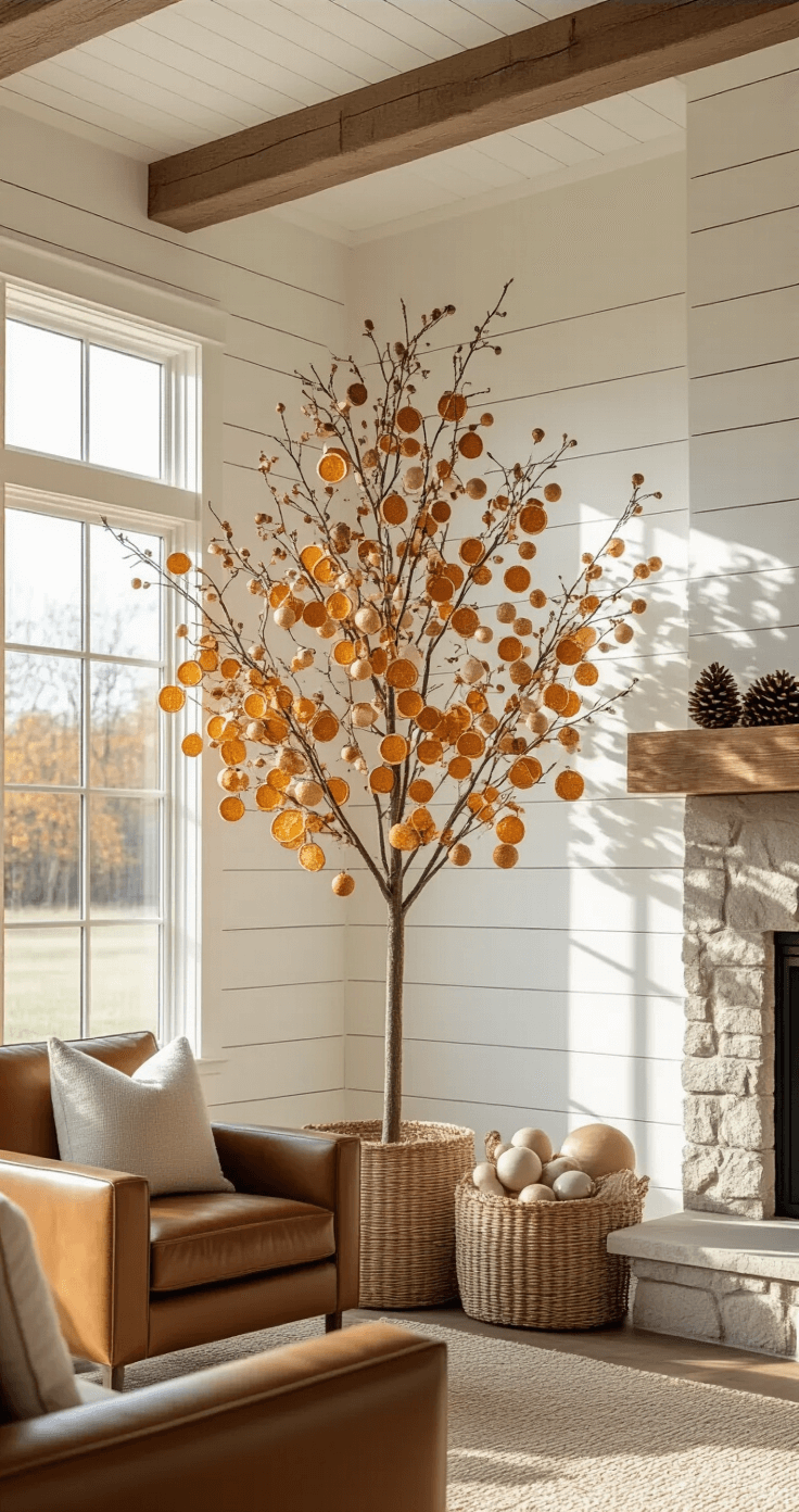 Christmas Tree Decorations 2025: A Trendsetter's Guide to Festive Home Styling A sunlit modern farmhouse great room featuring a decorated 8-foot Christmas tree with dried orange slices, wooden beads, and glass baubles, positioned between a leather armchair and a stone fireplace, framed by white shiplap walls and exposed wooden beams.