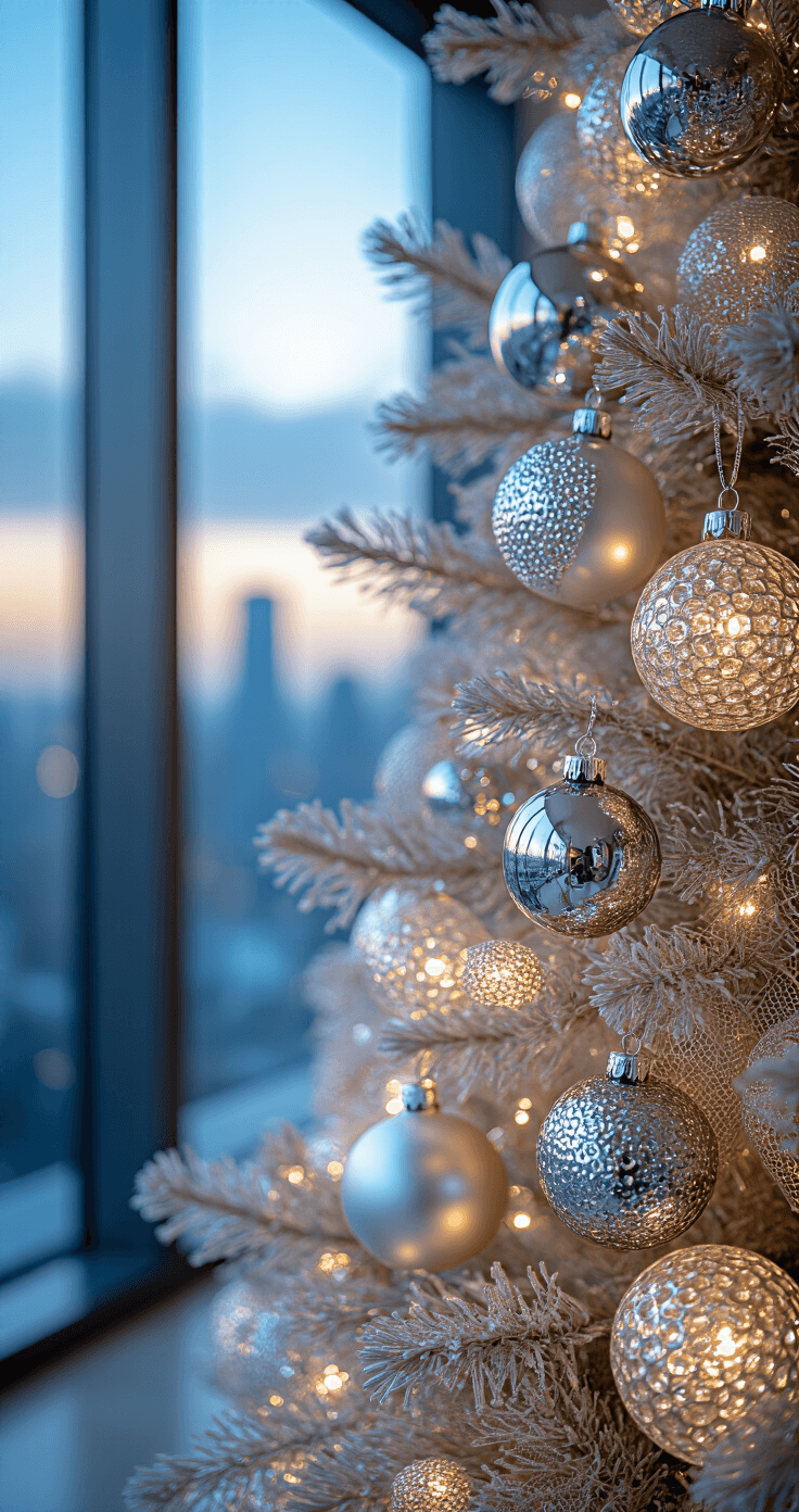 Christmas Tree Decorations 2025: A Trendsetter's Guide to Festive Home Styling Close-up of a luxury holiday tree vignette in a contemporary penthouse, featuring clustered vintage mercury glass ornaments, hand-blown crystals, and metallic mesh ribbons, with soft lighting highlighting textures and a blurred city skyline in the background during the evening blue hour.