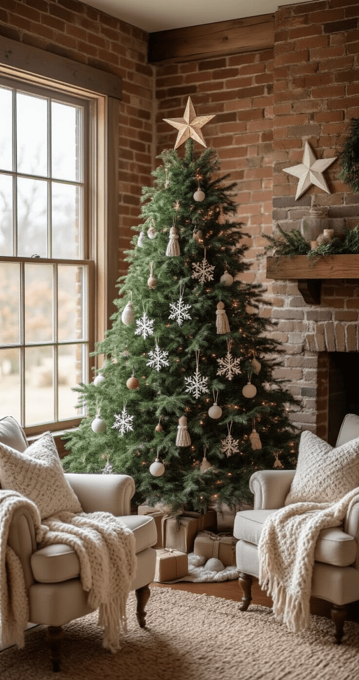Christmas Tree Decorations 2025: A Trendsetter's Guide to Festive Home Styling Cozy cottage living room featuring a 6-foot handcrafted Christmas tree adorned with homemade fabric ornaments, crocheted snowflakes, and painted wooden stars in muted pastels. The room is bathed in warm afternoon light, showcasing exposed brick walls and a weathered wooden mantel, with vintage armchairs and hand-knit throws flanking the tree.