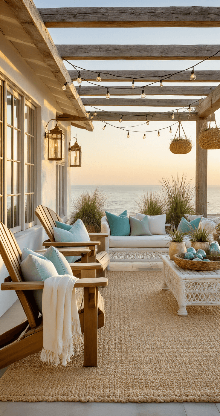 A coastal patio at golden hour featuring weathered teak Adirondack chairs, a distressed white rattan sofa with layered pillows, a natural jute rug, potted coastal grasses, vintage glass floats, driftwood accents, white-washed lanterns, and soft string lights above textured stucco walls.