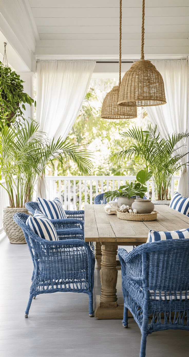 A cozy covered veranda with a reclaimed teak dining table surrounded by blue-gray wicker chairs with striped cushions, illuminated by late afternoon light filtering through gossamer curtains; oversized ceramic planters filled with palm fronds, rope-wrapped pendant lights, a whitewashed shiplap ceiling, and decorative shell garlands and vintage nautical instruments enhance the inviting atmosphere.