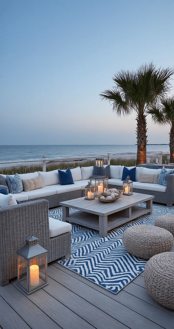 Wide-angle view of a beachside deck at dusk featuring gray rattan sectional furniture with coastal blue cushions, layered geometric rugs, oversized hurricane lanterns with LED candles, driftwood and seashell decor on white console tables, uplighting on palm trees, and natural fiber poufs for seating.