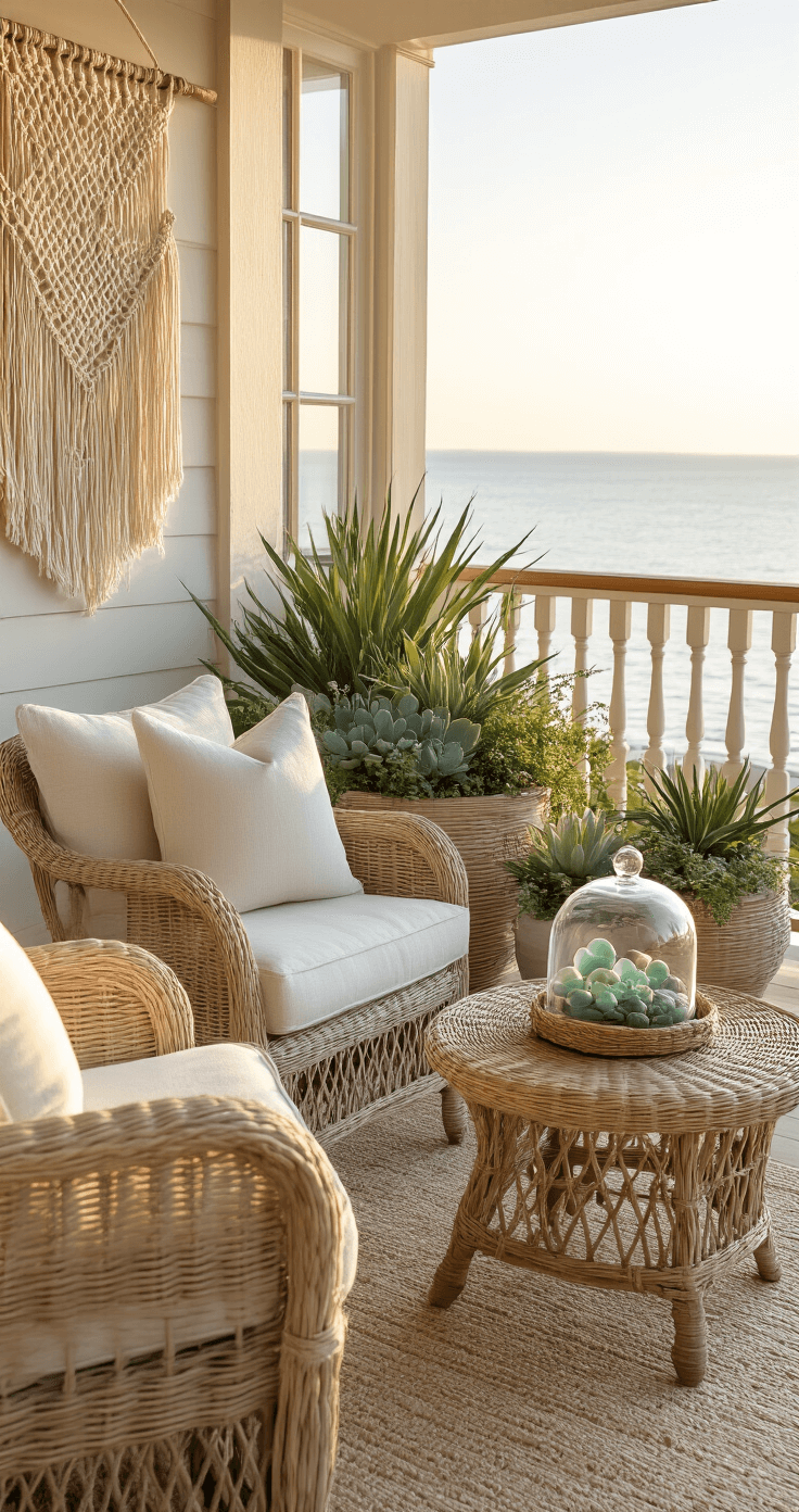 Intimate coastal balcony setting featuring slipcovered club chairs, a handwoven rattan side table with sea glass under a cloche, vintage zinc planters with coastal succulents, a macramé wall hanging, and a nautical rope balustrade, all illuminated by soft morning golden hour light.