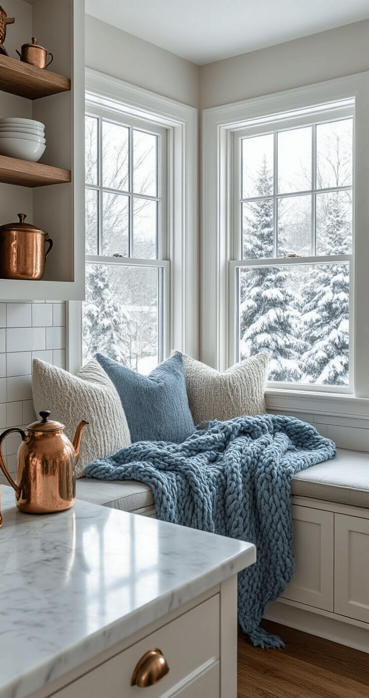 Christmas 2025 Decor: Old World Charm Meets Modern Elegance A cozy kitchen nook with corner windows showcasing snow-dusted evergreens, featuring a built-in window seat with steel blue chunky knit throws, vintage copper kettles, and brass candlesticks on open shelving, all illuminated by soft, diffused mid-morning light.