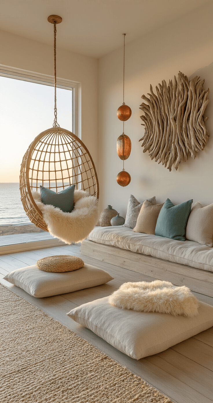 A serene meditation corner featuring floor cushions in natural linen and cotton on a bleached teak platform, a hanging rattan egg chair with sheepskin and ocean-toned pillows, a wall-mounted driftwood installation, glass fishing floats reflecting sunset light, sea glass-toned ceramic vessels, and salt-worn copper wind chimes in a tranquil setting.
