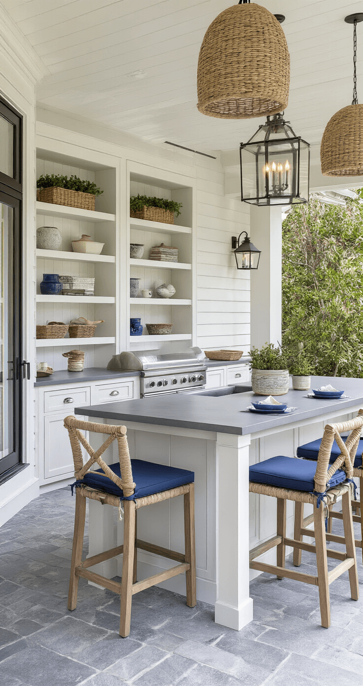 Twilight view of a spacious 18x24ft entertainment deck featuring an outdoor kitchen with weathered zinc countertops, white cabinets, and teak bar stools with maritime blue cushions. Illuminated shelving displays coastal decor, oversized lanterns with flameless candles add ambiance, and geometric shadows are cast by natural fiber pendant lights. The painted shiplap detail extends to the ceiling, while stone flooring in varied gray tones reflects the look of beach pebbles.