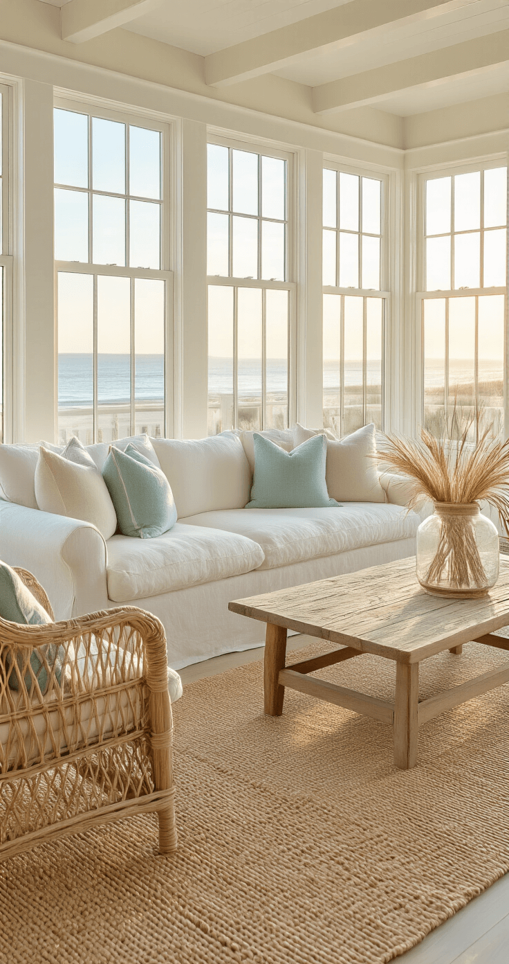A sunlit coastal living room featuring a slipcovered ivory sofa with textured pillows, oversized rattan chair, and layered jute rugs, illuminated by golden hour light streaming through bay windows.