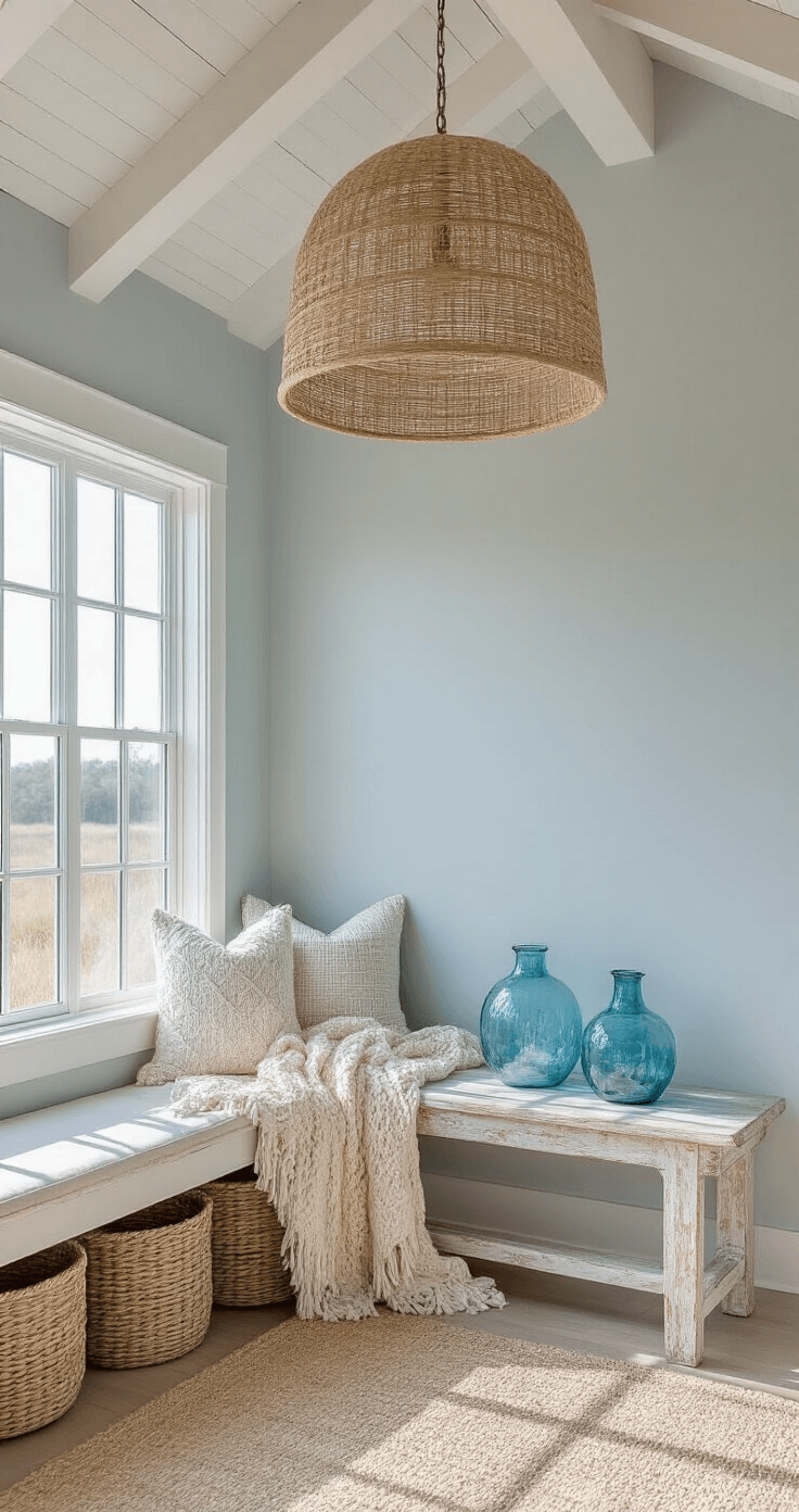 Corner view of a coastal sanctuary featuring a vaulted ceiling with exposed white beams, large seagrass pendant casting shadows, pale blue-grey walls, cream chunky knit throws on a white oak bench, blue glass vessels on a console, and woven water hyacinth baskets below; low angle shot emphasizes ceiling height and natural lighting.
