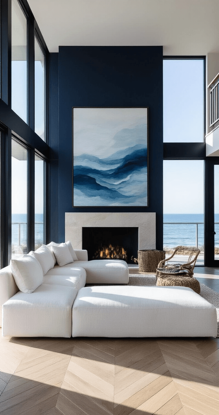 A modern coastal living space with floor-to-ceiling windows at sunrise, featuring a minimalist white linen sectional against a dark navy accent wall, bleached oak herringbone floors, a contemporary limestone fireplace, mixed metal and rope accents, and oversized abstract ocean artwork in blues and greys, captured from an elevated angle to showcase the spatial flow and dramatic morning light.