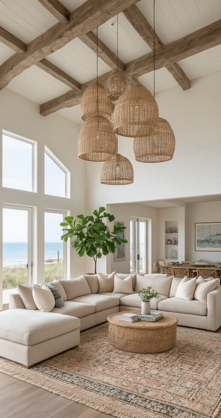 Open concept coastal great room featuring a sandy beige sectional, vintage kilim rugs, rattan pendant lights, and fiddle leaf figs, all under soaring 12ft ceilings with exposed driftwood beams, conveying a bright and inviting midday atmosphere.