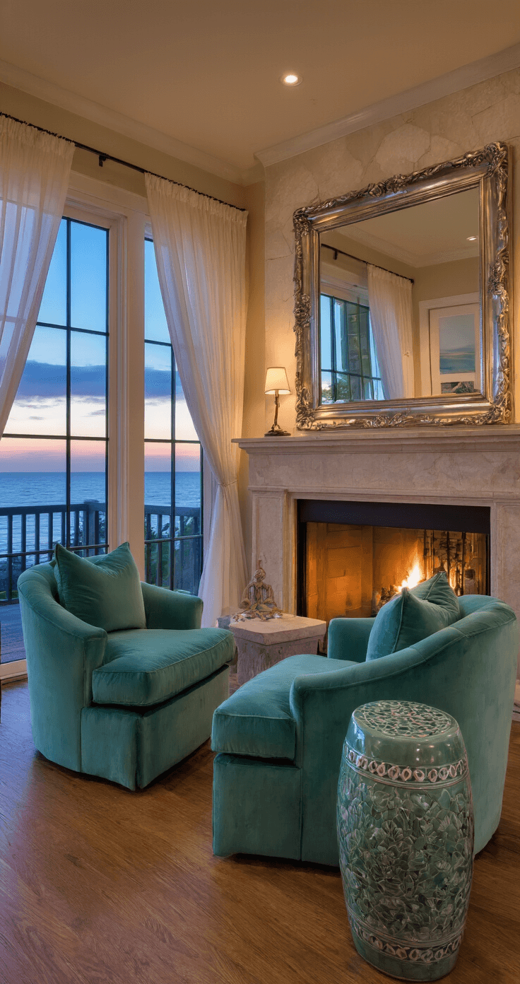 Cozy coastal sitting area at twilight with panel windows and gauzy white curtains framing an ocean view. Swivel chairs in seafoam green face a sunset, while an antiqued mirror above a limestone fireplace reflects warm light. A ceramic garden stool with mother of pearl inlay adds elegance, creating a moody yet bright atmosphere.