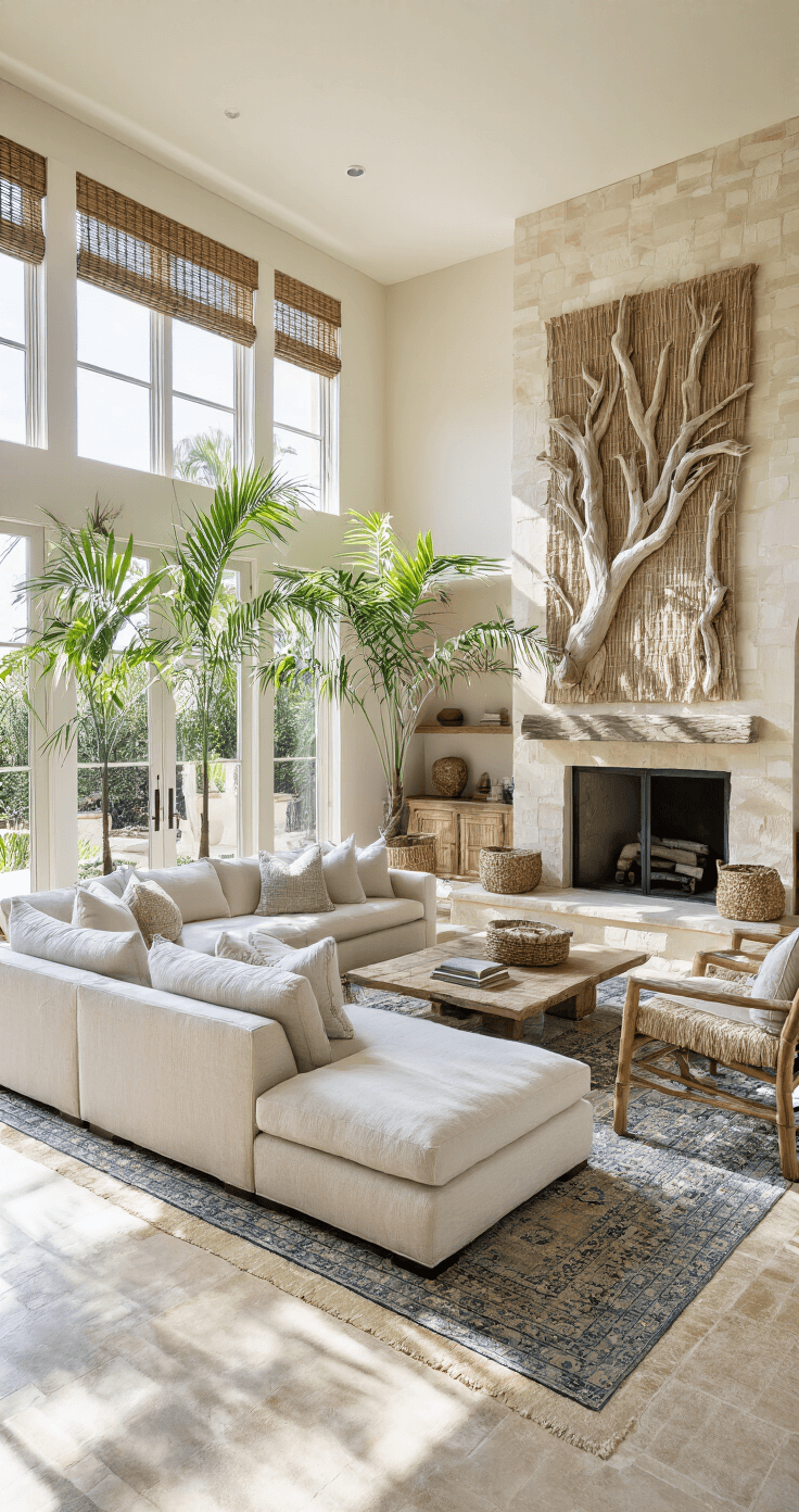Florida Living Room Ideas: Craft Your Sun-Drenched Coastal Sanctuary Bright coastal family room with double-height windows and bamboo shades, featuring a stone fireplace, L-shaped sectional, layered rugs, and tall palm trees, captured from a mezzanine level with dramatic shadows.