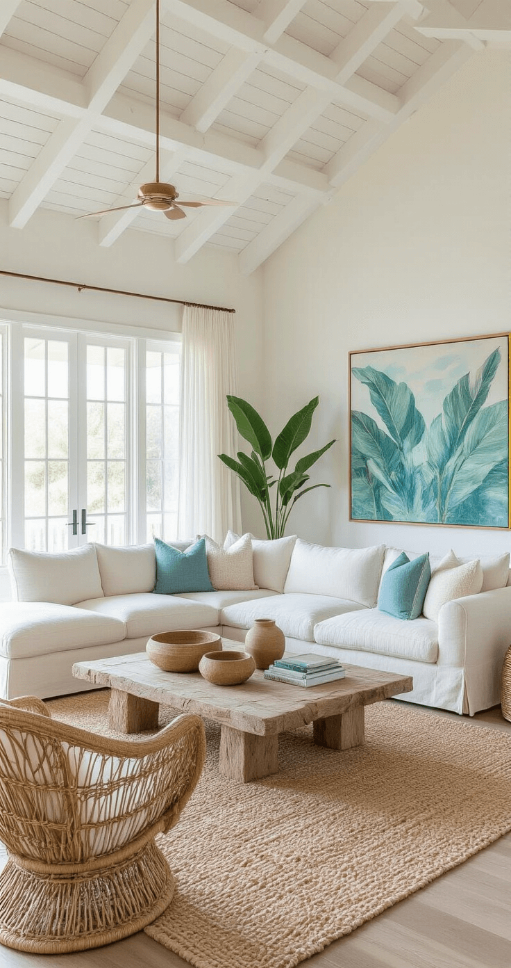 Florida Home Decor: Create a Bright, Breezy Coastal Retreat in Your Living Space A sunlit open-concept living room featuring white beams, cream linen sectional, rattan chairs, and a driftwood coffee table on a jute rug, illuminated by morning light through sheer curtains, with tropical artwork and ceramic vessels adding color.