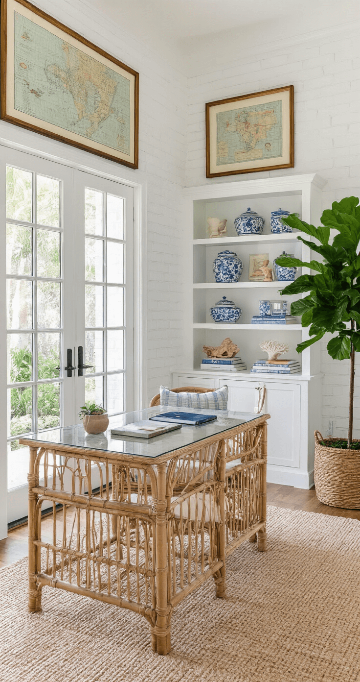 Florida Home Decor: Create a Bright, Breezy Coastal Retreat in Your Living Space Airy home office featuring a white-painted brick accent wall adorned with vintage Florida maps, a rattan desk with a glass top, and an upholstered linen chair, all illuminated by bright indirect light from French doors leading to a courtyard. Decor includes built-in shelving with blue and white ceramics, coral pieces, coffee table books, and a fiddle leaf fig plant.