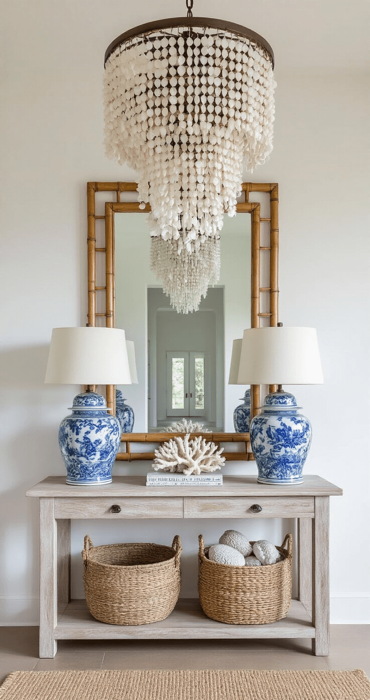 Florida Home Decor: Create a Bright, Breezy Coastal Retreat in Your Living Space A bright entry foyer with high ceilings, featuring a statement chandelier of cascading capiz shells. A weathered console table displays blue and white ginger jars and coral specimens, while an oversized bamboo-framed mirror reflects natural light. A sisal runner guides the view into the living space, enhancing the white and blue color palette accented by natural materials. Strong directional light casts dramatic shadows throughout the space.