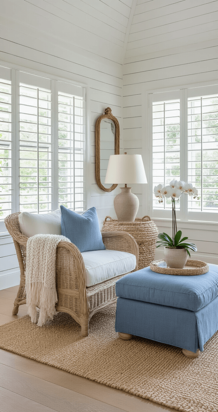 Creating Your Dream Florida Style Living Room: A Sunlit Sanctuary of Coastal Comfort Intimate coastal sitting area with whitewashed shiplap walls and a 10ft tray ceiling, featuring an oversized seagrass armchair, weathered blue ottoman, and a vintage rattan side table with an orchid. Natural light floods the space through plantation shutters, highlighting textured materials and a distressed mirror reflecting garden views.