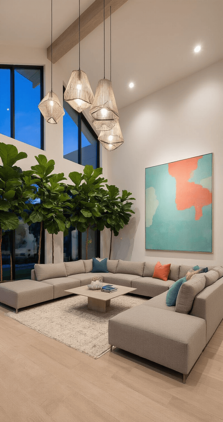Creating Your Dream Florida Style Living Room: A Sunlit Sanctuary of Coastal Comfort A modern Florida great room at twilight featuring a cathedral ceiling, dramatic pendant lighting, an L-shaped greige sectional, bleached oak floors, floor-to-ceiling windows, a cluster of fiddle leaf figs, and oversized abstract artwork in seafoam and coral tones. The image captures the room's depth with balanced ambient and interior lighting.