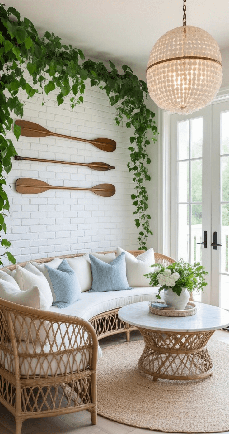 Creating Your Dream Florida Style Living Room: A Sunlit Sanctuary of Coastal Comfort A bright coastal breakfast nook and living area featuring a white brick accent wall adorned with trailing pothos plants, a curved rattan sofa, and a round marble coffee table. Vintage oars serve as wall art, while a capiz shell chandelier casts dancing light patterns. Natural light illuminates the space through French doors, showcasing an indoor-outdoor flow with a soft palette of whites, natural materials, and pale blue accents, captured with an ethereal quality.